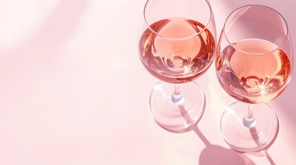 Two glasses of rose wine set against a light pink background Perfect for showcasing summer drinks wine tasting or a romantic dinner Ample copy space available