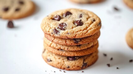 Close up of a stack of chocolate chip cookies on a white backdrop A delightful representation of dessert and baking