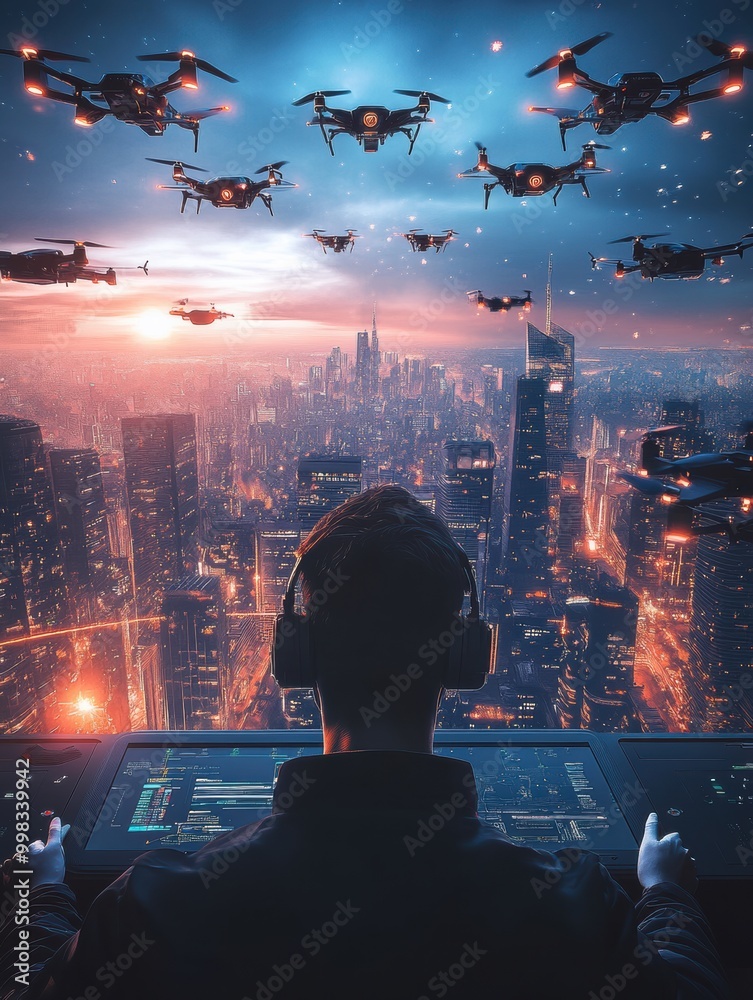Fototapete A skilled drone pilot manages a fleet of sleek drones using a touchpad in a futuristic control center with a city skyline backdrop. Generative AI