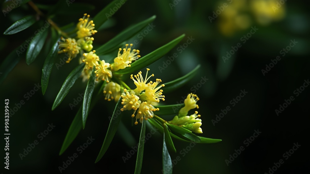 Poster Delicate yellow flowers bloom on slender green branches in a serene forest setting during late spring