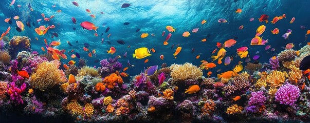 High-angle view of vibrant coral reefs bustling with colorful fish