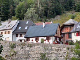 Traditional Slovenian rural architecture in the mountainous region of the Julian Alpss, Log pod...
