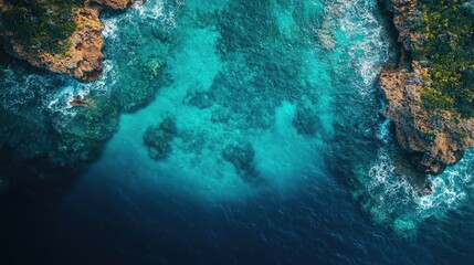 Obraz premium High-angle view, vibrant underwater worlds blending with sleek futuristic technologies, drone photography perspective