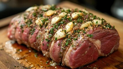 Raw lamb leg prepared for roasting seasoned with garlic
