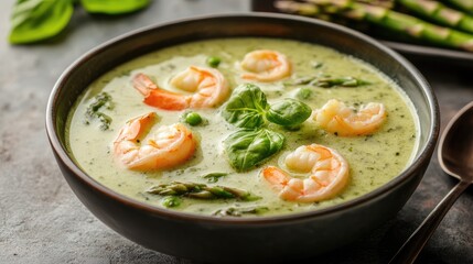 Creamy asparagus and shrimp soup served in a bowl