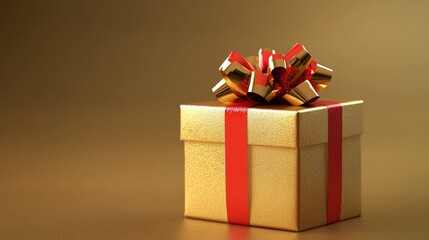 A golden gift box adorned with a vibrant red bow representing festivities and the spirit of giving