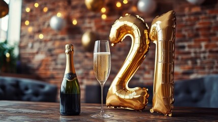 Celebration for 21st anniversary featuring a champagne bottle alongside a gold numeral balloon