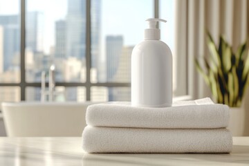 minimalist photo of white blank pump bottle of shampoo mockup in elegant bathroom next to white towels
