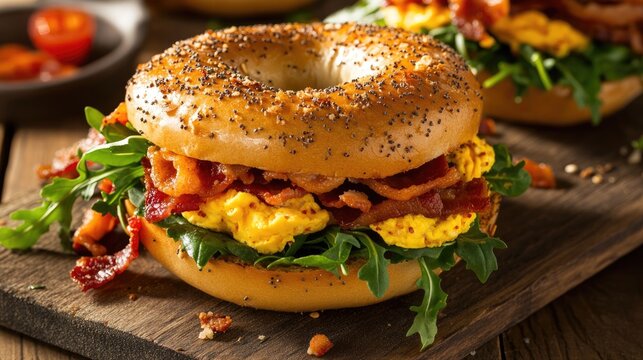 Freshly baked bagel stuffed with scrambled eggs arugula and crispy bacon Delicious breakfast option Room for text