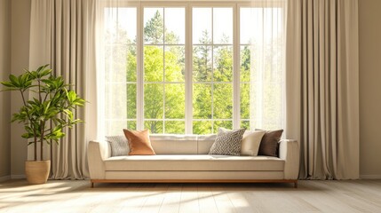 Fototapeta premium Spacious living room featuring a sofa oversized window dressed with curtains and a decorative potted plant