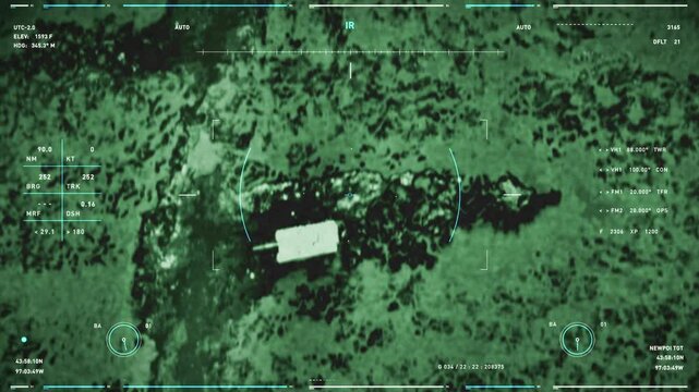 Capture Of Tank By Infrared Guided Weapon After Scanning Map. Shooting And Blowing Object With Weapon Using Infrared Camera. Infrared Tracking Of Enemy Forces. Using Weapon To Defeat Combat Vehicle.