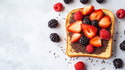 Breakfast with a slice of bread topped with chocolate sprinkles and fresh berries Viewed from above Ample copy space
