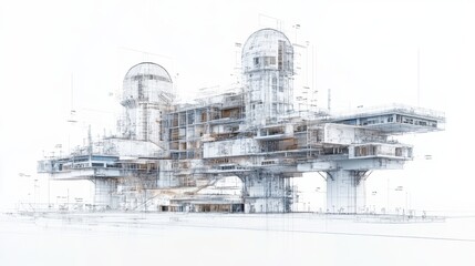Cross-section CAD drawing of a huge building, future brutalism skyskribers style, with multiple towers and floors, white background, technical blueprint