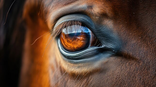 Close up of an amber colored horse eye featuring long lashes of a brown stallion