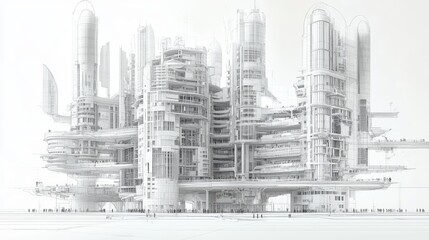 Fototapeta premium Cross-section CAD drawing of a huge building, future brutalism skyskribers style, with multiple towers and floors, white background, technical blueprint