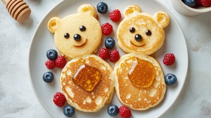 Cute bear shaped pancakes for children topped with berries and honey set against a light gray concrete background Ideal for recipe sharing with ample copy space