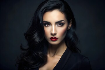 Fototapeta premium Sophisticated Portrait of a Woman with Sleek Black Hair in Studio Lighting, Emphasizing Beauty and Fashion Against a Dark Backdrop