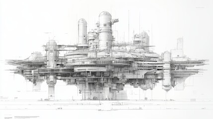 Obraz premium Cross-section CAD drawing of a huge building, future brutalism skyskribers style, with multiple towers and floors, white background, technical blueprint