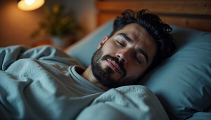 Obraz premium Close-up of handsome bearded man sleeping in bed at home enjoying good sleep, top view, copy space