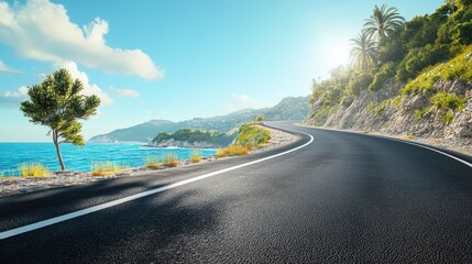 Fototapeta premium Sunny summer day on a coastal road seen from the side featuring an asphalt surface and vibrant surroundings