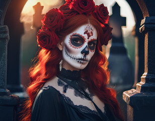 mujer de pelo rojo maquillada de catrina, para el día de los muertos, con rosas rojas