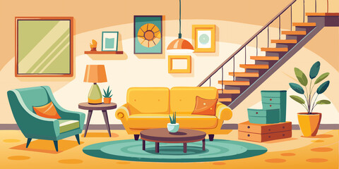 modern living room, A warm and inviting living room design. A modern cartoon-style home or hotel lobby features a yellow sofa and armchair.