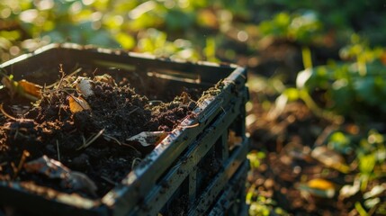 A compost bin filled with organic waste, including vegetable scraps and garden trimmings, set in a vibrant garden.