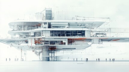 Cross-section CAD drawing of a huge building, future brutalism skyskribers style, with multiple towers and floors, white background, technical blueprint