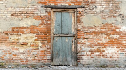 Weathered brick wall with a broken door and distressed brick texture