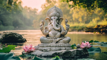 Serene Ganesha Statue By Lakeside Amidst Nature