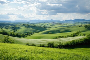 Green rolling hills stretching as far as the eye can see, a peaceful and vibrant landscape