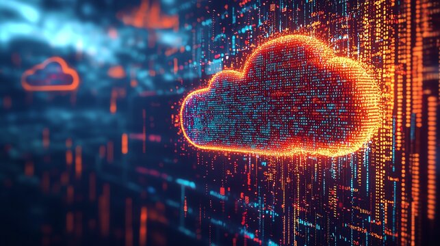 Cloud made of binary code raining financial data onto stock market graph, dramatic lighting, Financial Data, Cloud Computing