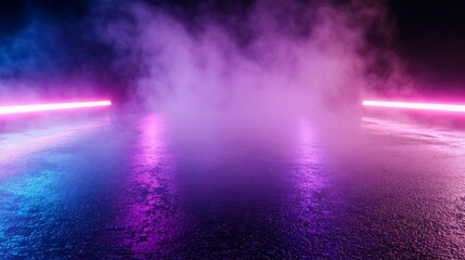Fototapeta premium 3D rendering of old wet asphalt with neon lights and smoke flat design top view cyberpunk theme cartoon drawing colored pastel