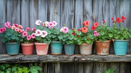 Fototapeta premium Charming row of vibrant flower pots brimming with pelargonium blooms adorns a rustic wood log, nestled against a weathered fence. This quaint garden decor evokes a cozy cottagecore aesthetic