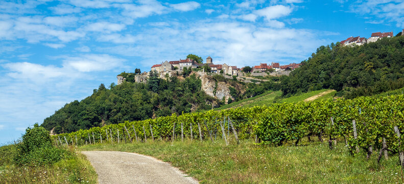 The village of Chateau Chalon and its vineyards, in the French Jura, known for its local wines made of savagnin grapes 