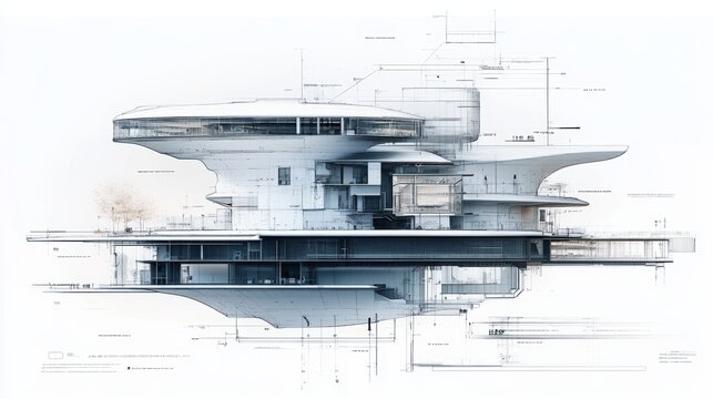Cross-section CAD drawing of a huge building, future brutalism skyskribers style, with multiple towers and floors, white background, technical blueprint