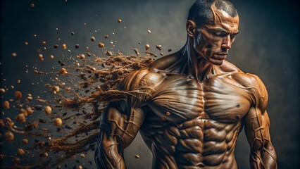 Muscular warrior disintegrating into particles, symbolizing resilience, strength, and creative fantasy concepts.