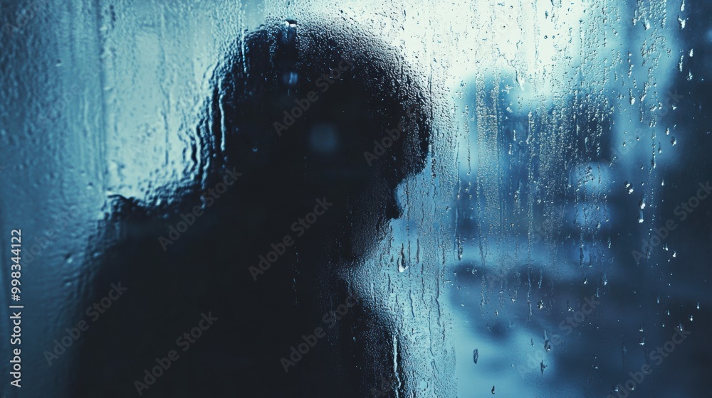 Poster a lone individual stands by a rain-covered window, lost in introspection as raindrops trickle down, 