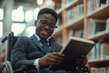 Obraz premium Young Boy in a Wheelchair Smiles While Reading a Book in a Library Filled With Bookshelves and Natural Light