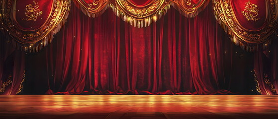 A flat vector illustration of a luxurious red velvet curtain backdrop for a stage play, with intricate gold embroidery along the edges, hanging elegantly. The curtain has deep, natural folds