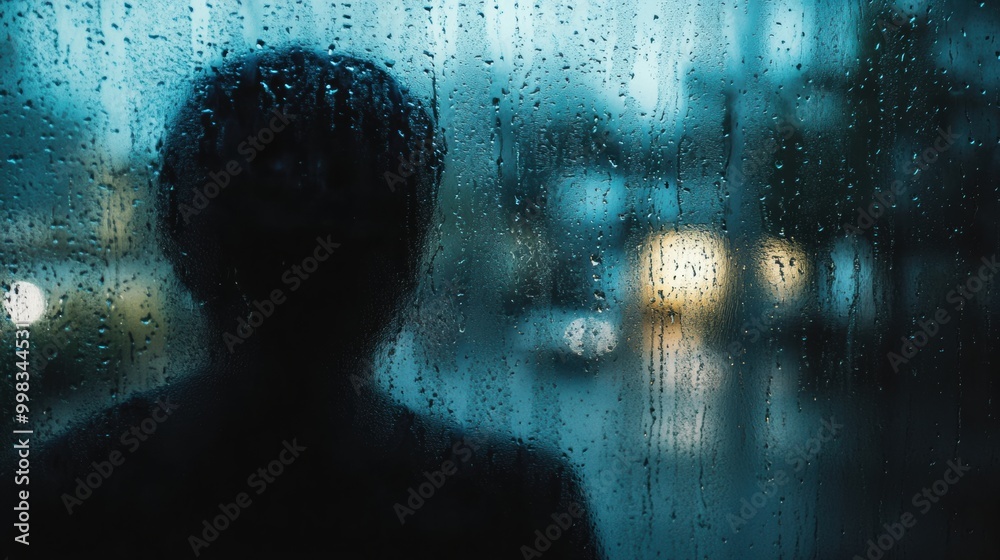 Poster a solitary person stands by a rain-drenched window, their silhouette reflecting a deep sense of mela