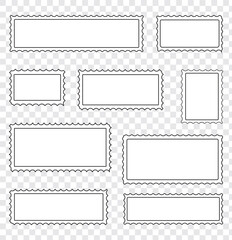 Blank postage stamps vector set isolated. Mark mail letter stamps design. Postal frame sticker