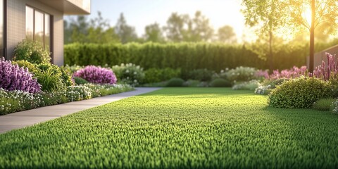 Obraz premium A vibrant garden scene showcasing lush grass and colorful flowers under warm sunlight, perfect for outdoor inspirations.