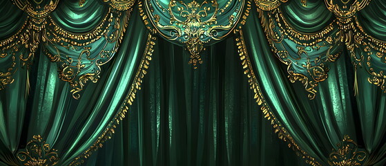 Fototapeta premium A flat vector illustration of a luxurious stage play curtain backdrop featuring heavy emerald green velvet curtains with intricate gold and silver embroidery. The curtains are partially open