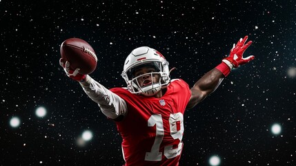 Dynamic football player celebrates a touchdown, showcasing athleticism and excitement under bright stadium lights.