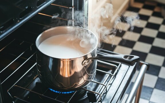 Hot milk liquid boiling in steel pot on stove