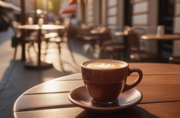 Cup of cappuccino coffee in a street cafe.