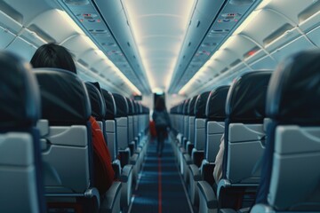 Interior of airplane with passengers on seats and female traveler walking the aisle. Commercial economy flight service concept