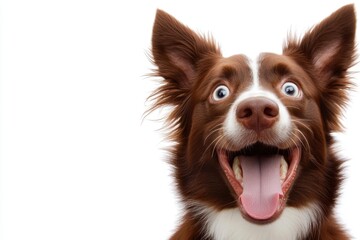 Adorable brown white dog with happy expression on white background