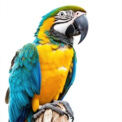 Fototapeta premium Isolated pet (parrot) on a perch, colorful feathers, white background